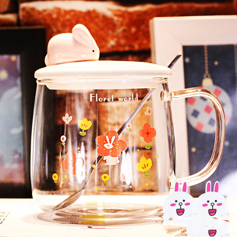 Transparent Glass Rabbit Cup with Handle & Lid