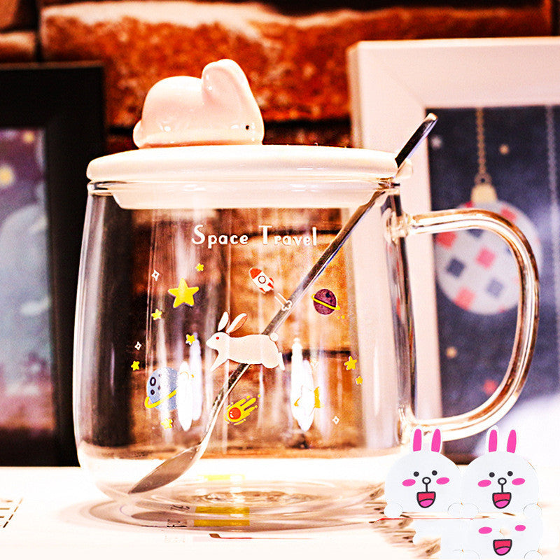 Transparent Glass Rabbit Cup with Handle & Lid