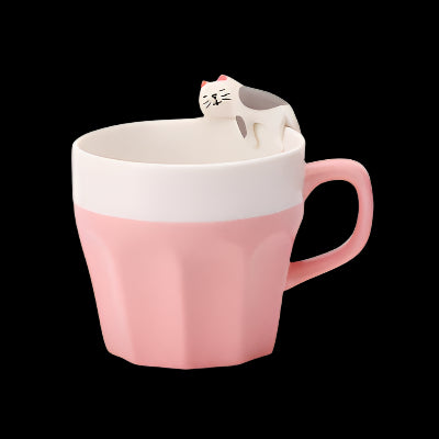 Pink and white mug with a cat-shaped handle on a light gray background