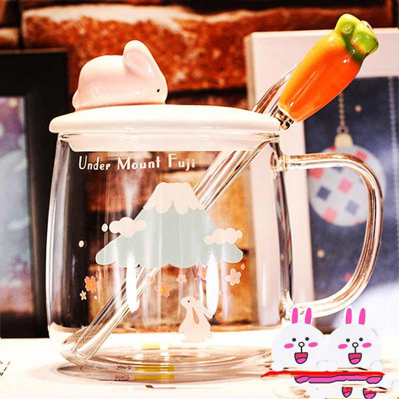 Transparent Glass Rabbit Cup with Handle & Lid