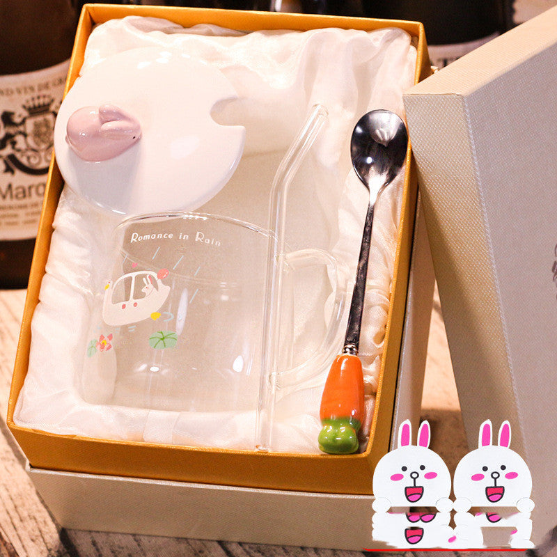 Transparent Glass Rabbit Cup with Handle & Lid
