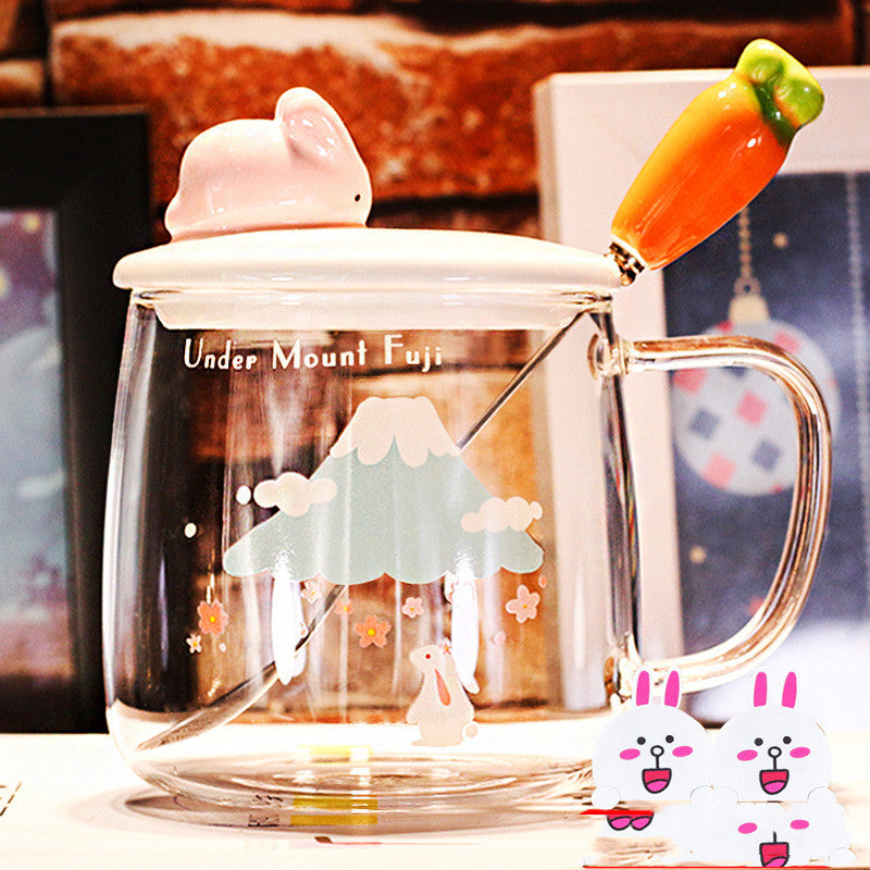 Transparent Glass Rabbit Cup with Handle & Lid