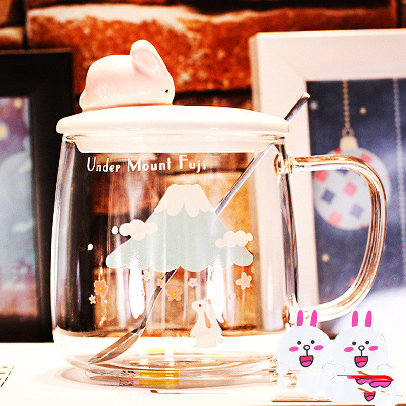 Transparent Glass Rabbit Cup with Handle & Lid
