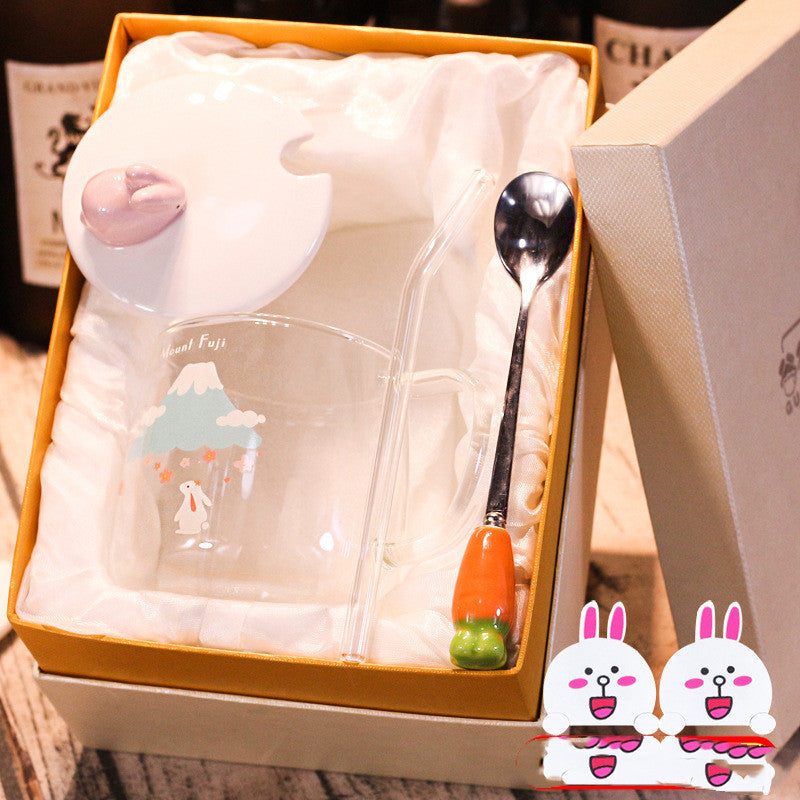 Transparent Glass Rabbit Cup with Handle & Lid