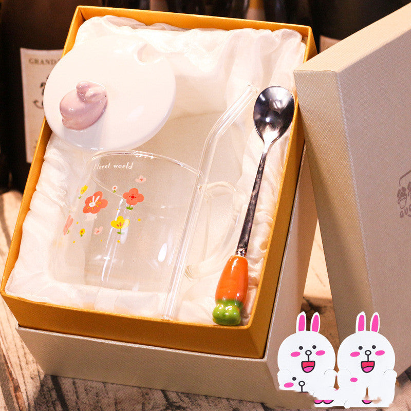 Transparent Glass Rabbit Cup with Handle & Lid