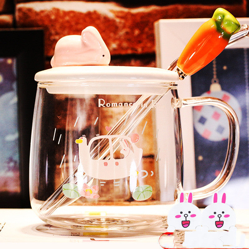 Transparent Glass Rabbit Cup with Handle & Lid