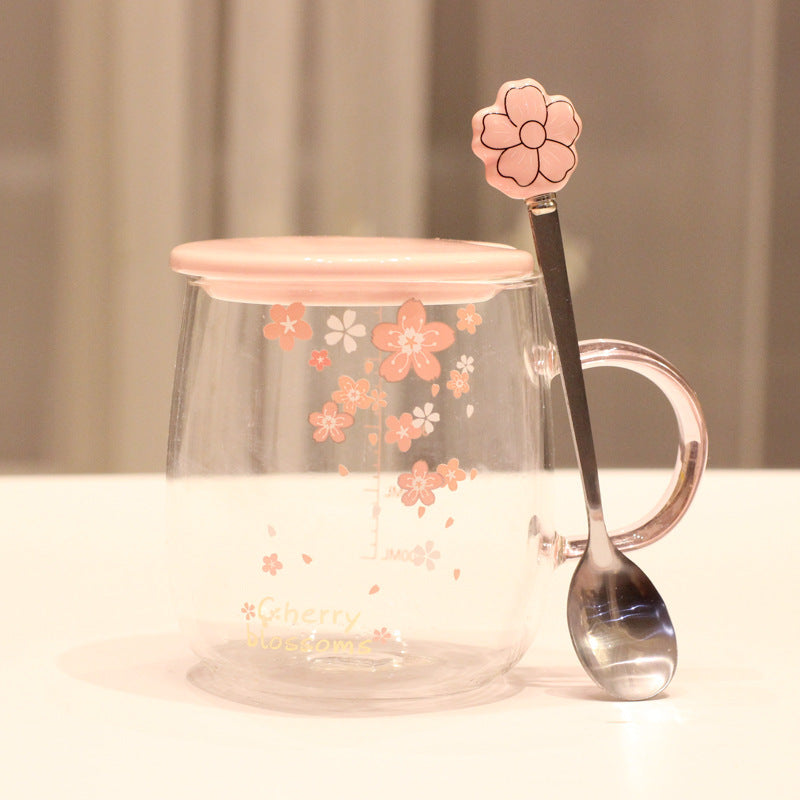 Glass Spoon With Lid Heat-resistant Flower Tea Cup Cute Girl Home
