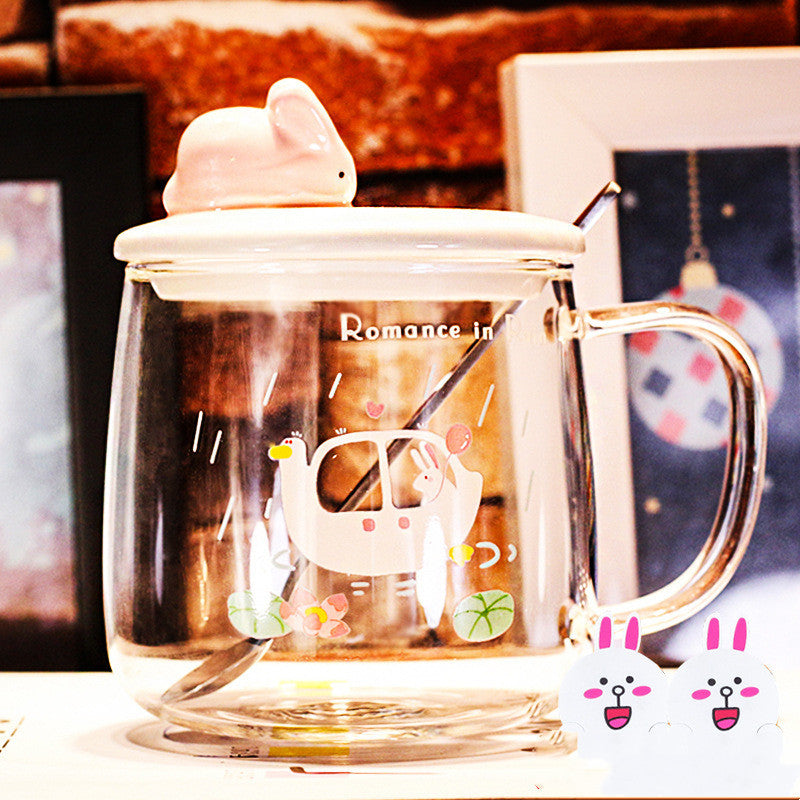Transparent Glass Rabbit Cup with Handle & Lid