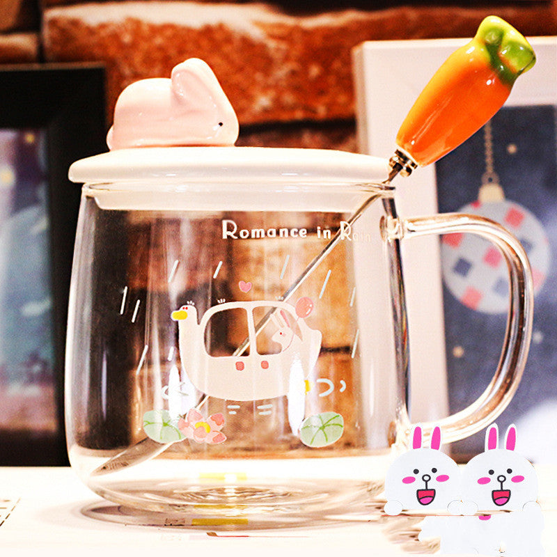 Transparent Glass Rabbit Cup with Handle & Lid