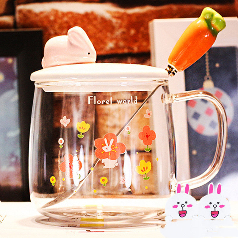 Transparent Glass Rabbit Cup with Handle & Lid